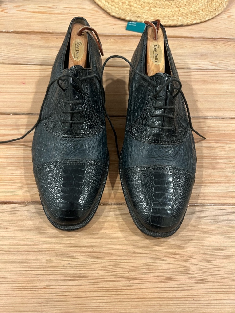 Moreschi Adriano Black Ostrich Leg Leather Cap Toe Oxford Dress Shoes Men's 11 M